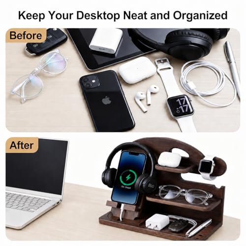 Wooden Phone Docking Station for Men, Solid Wood Nightstand & Desk Organizer, Ideal Gift for Dad and Husband