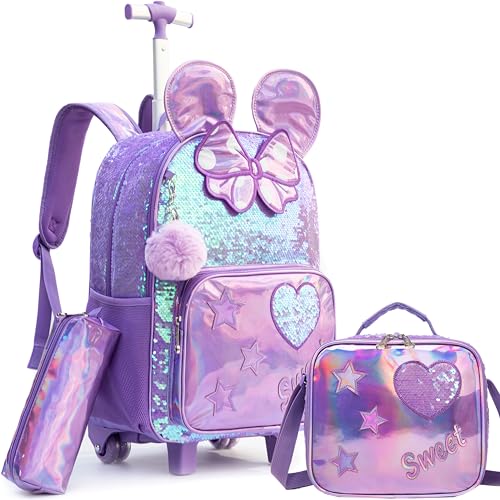 Meetbelify Rolling Backpack for Girls Backpacks with Wheels for Elementary School Students Kids 3 in 1 Travel Luggage Suitcase with Lunch Box Pencil Case for Girls Age 8-10 Cute - color: 05 3pcs Big Ear Purple