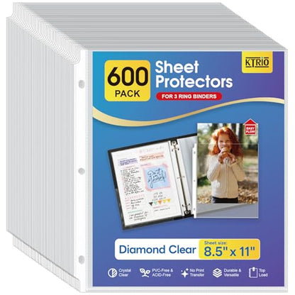 KTRIO Sheet Protectors for 3 Ring Binder 600 Pack, Plastic Sleeves 8.5 x 11 | Clear Page Protectors, Acid-Free Plastic, Fits Letter Size Paper Documents, Top Loading, Business Office School Supplies - size: 600 Pack, style: Clear Finish