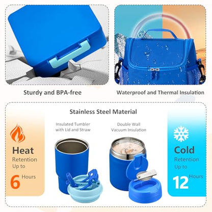 Lunch Box Set with Bento Box Container, 17OZ Stainless Steel Food Soup Thermo, Kids Water Bottle & Portable Insulated Lunch Bag – Leakproof, Hot/Cold Retention for School, Travel(Blue) - color: Blue