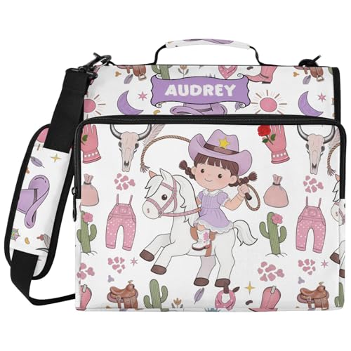 Custom Name Trapper Keeper Binder Cute Cowgirl Wild West Purple 2 Inch Zipper Binder with 14 Inch Laptop Sleeve, High Capacity Water-Resistant Binder Organizer Bag with Handle, Graduation Gift - color: Option F