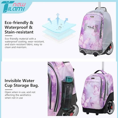 NEW TILAMI 19 inch Rolling Backpack Teens Rolling Backpack Cute Wheeled Laptop Backpack Bookbag Roller Travel Bag College, Evening Butterfly (No USB interface) - color: Purple Butterfly