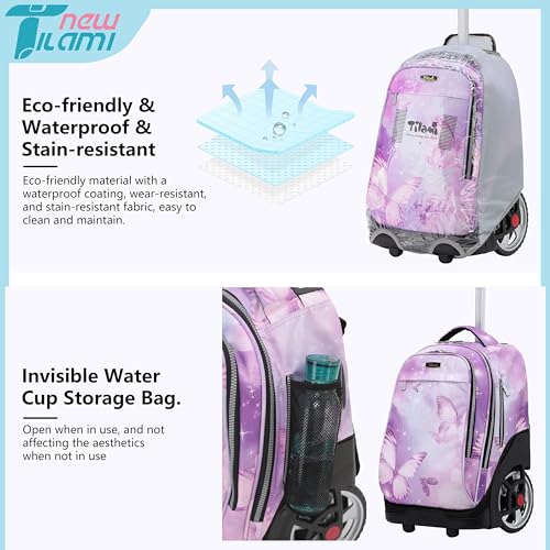 NEW TILAMI 19 Inch Rolling Backpack with Lunch Bag for Girls Boys Wheeled Laptop Backpack Durable Carry-on Bag School Travel, Evening Butterfly - color: Purple Evening Butterfly