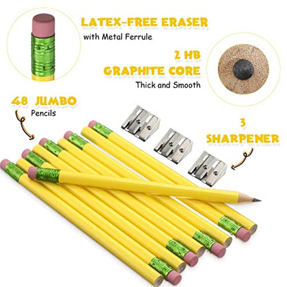 Fainne 48 Pcs Fat Pencils Jumbo Big Thick Large Pencils and 3 Pieces Sharpeners for Kids Beginners Preschoolers Kindergarten School Office Supplies(Yellow+Green,Round) - color: Pink,Yellow, style: Round