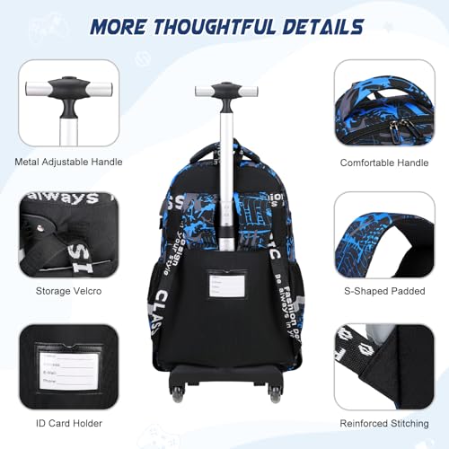 Scothen Rolling Backpack for Boys, Cool Luminous Gamer Roller School Backpacks for Boys with Lunch Bag and Pencil Pouch, Kids Backpack Bookbag with Wheels for Kindergarten Elementary Middle School - color: Blue