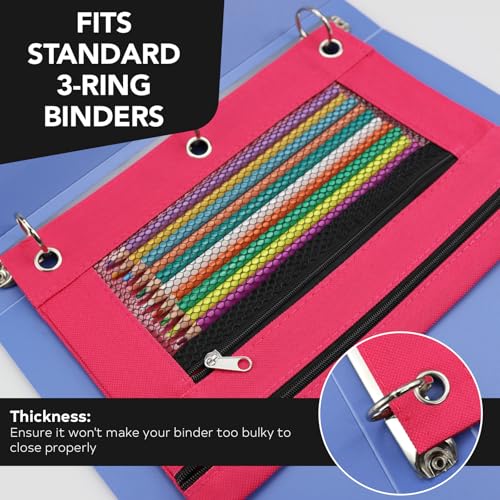 3 Ring Pencil Pouch for Binder, 2-Pocket Zipper Pencil Case with Clear Window & Mesh Pocket, 600D Oxford Fabric Binder Pouch for School Office Supplies, Fits Standard 3-Ring Binders, Rose Red - color: Rose Red