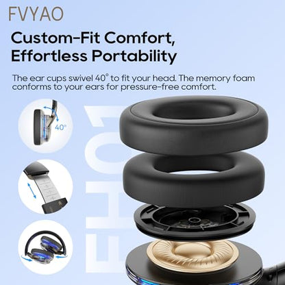 Bluetooth Headphones Over Ear with RGB Light, Foldable Lightweight Wireless Over Ear Headphone Bluetooth 6.0, 65H Playtime, Comfortable Breathable Safe for Working Gaming Travel (Black) - color: Black