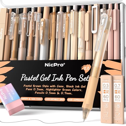 Nicpro 22 PCS Pastel Gel Ink Pen Set,12 Black Ink Pens with 2 Pack Highlighters and 2 Pack Mechanical Pencil 0.5 0.7mm, Retractable 0.5mm Fine Point Note Taking Pens for School Office (Brown) - color: Brown