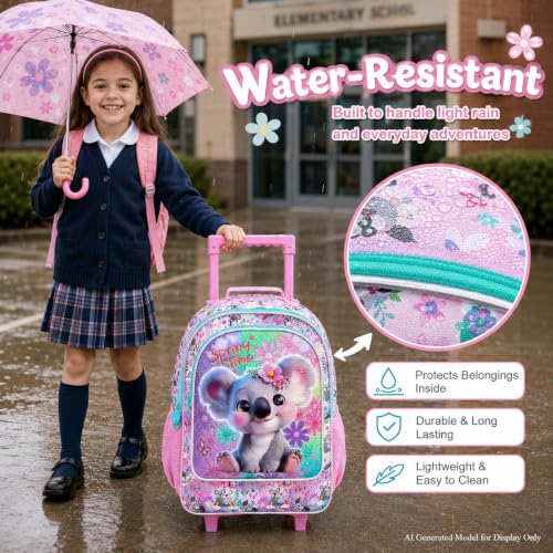 KLFVB Rolling Backpack for Girls, 3PCS Kids Roller Bookbag with Lunch Bag, Wheeled School Bag for Children - Koala - color: Upgraded Uv Printing Pink Koala Rolling Backpack
