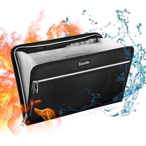 Fireproof Safe Accordion File Organizer Bag Folder, Expanding Filing Folder | 14 Clear Pockets, A4 Letter Size, Waterproof Document Organizer Holder with Labels /2 Zipper, 14.3" x 9.8", Black - color: Black With Transparent Inner Pages, style: Clear Pocke