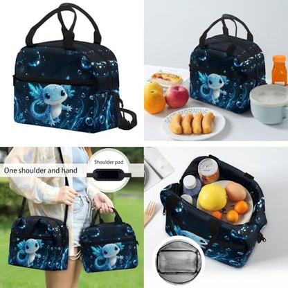 CLOHOMIN Blue Axoltol School Backpack for Kids with Lunchbox 6th Grade High School Bag and Lunch Bag and Water Bottle Holder for Girls Boys 12-14 Large Capacity Children Bookbag Set of 3 - color: Blue Axoltol
