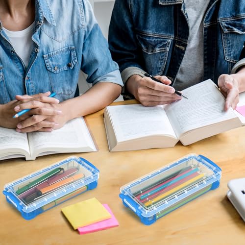 Gueevin 24 Pcs Large Capacity Plastic Pencil Box Clear Plastic Pencil Case Crayon Box with Snap Tight Lid Watercolor Pen Storage Brush Organizer Drawing Tools Container (Cute Blue) - color: Cute Blue
