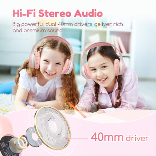 EarFun K2 Kids Bluetooth Headphones, Kids Headphones with Volume Limited, 40H Playtime, Built-in Mic, Stereo Sound, Foldable Over-Ear Headphone for School/Travel/iPad/Tablet, Pink - color: Pink