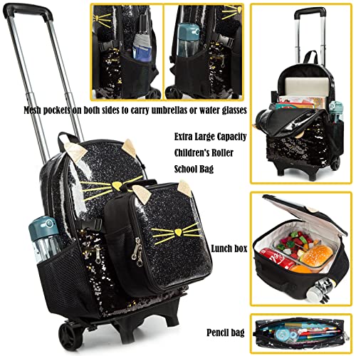 Cat School Bags Kids Rolling Backpack for Girls Luggage Kids Suitcase With Wheels Trolley Wheeled Backpacks Travel Bags 3PCS Lunch Box Pencil Case Backpacks for Girl‘s Black - color: Black-220223-l