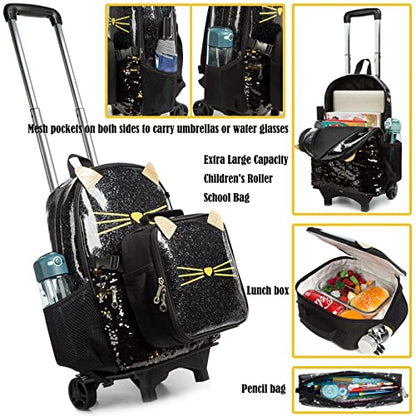 Cat School Bags Kids Rolling Backpack for Girls Luggage Kids Suitcase With Wheels Trolley Wheeled Backpacks Travel Bags 3PCS Lunch Box Pencil Case Backpacks for Girl‘s Black - color: Black-220223-l