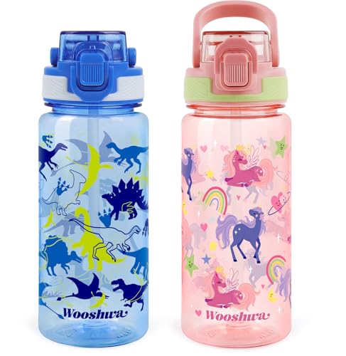 Kids Water Bottle for School, 20 Oz Plastic Straw Water Bottle with Silicone Spout and Leakproof Cover, Dishwasher Safe (Unicorn/Dinosaur) - color: Unicorn/Dinosaur, size: 20oz (2 Packs)