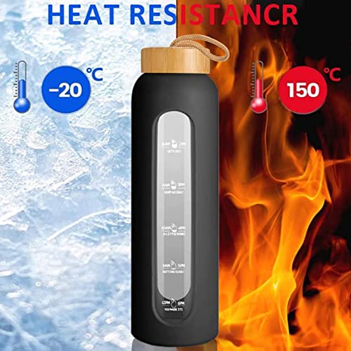 Sursip 32 oz Glass Water Bottle, Time Marker with Silicone Sleeve & Lid | 1 Liter BPA-Free Motivational Bottle, Leak-Proof Dishwasher Safe - color: Brown