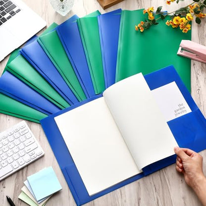 Cholemy 72 Packs Pocket Folders with Prongs Heavy Duty Plastic Folder with Business Card Slot 3 Prong Fasteners for School Office (Blue,Green) - color: Blue, Green