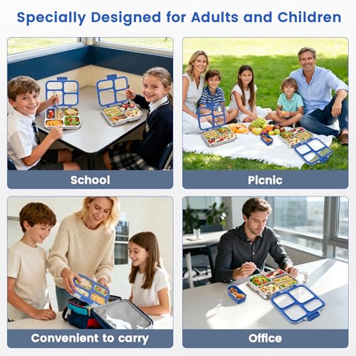 Stainless Steel Bento Box for Kids Adults with Silicone Container, Leak Proof 4 Compartments Metal Lunch Box, Removable Silicone Seal & Clear Lid Food Container for School Office, BPA-Free(Blue) - color: Blue