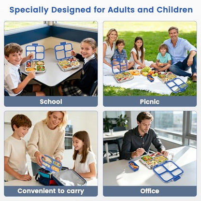 Stainless Steel Bento Box for Kids Adults with Silicone Container, Leak Proof 4 Compartments Metal Lunch Box, Removable Silicone Seal & Clear Lid Food Container for School Office, BPA-Free(Blue) - color: Blue