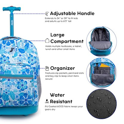 J World Sunrise Kids Rolling Backpack with Wheels for Girls Boys, Roller Bookbag for School, 18 x 13 x 9 Inches, Blue Vine - color: Blue Vine