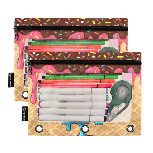 Gredecor 3 Ring Binder Pencil Pouch, American Football Ice Cream Zippered Pen Case Pouches with Clear Window, 2 Pack Stylish Office & School Supplie - color: American Football Ice Cream