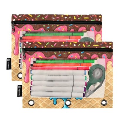 Gredecor 3 Ring Binder Pencil Pouch, American Football Ice Cream Zippered Pen Case Pouches with Clear Window, 2 Pack Stylish Office & School Supplie - color: American Football Ice Cream