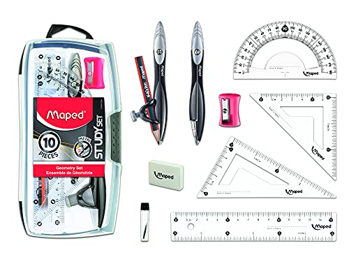 Maped 스터디 기하학 10피스 세트, 금속 스터디 컴퍼스 2개, 삼각형 2개, 15.2cm(6인치) 눈금자, 10.2cm(4인치) 각도기, 컴퍼스용 연필, 연필깎이, 지우개, 리드 리필 포함(897010) | 고급 학생 키트 - 정밀 제도 도구 - 내구성이 뛰어나고 인체 공학적 디자인 - 학교의 창의성 향상