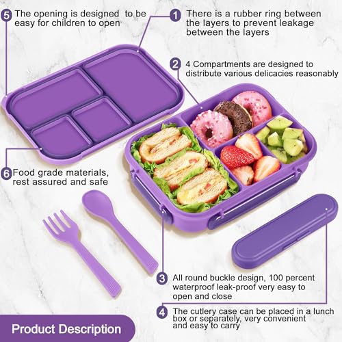 Amathley Lunch Box Kids,Bento Box Adult,Leakproof Lunch Containers for Adults/Kids/Toddler,1200ML-4 Compartments bento Lunch box with Utensil,Microwave & Dishwasher & Freezer Safe (Purple) - color: Purple