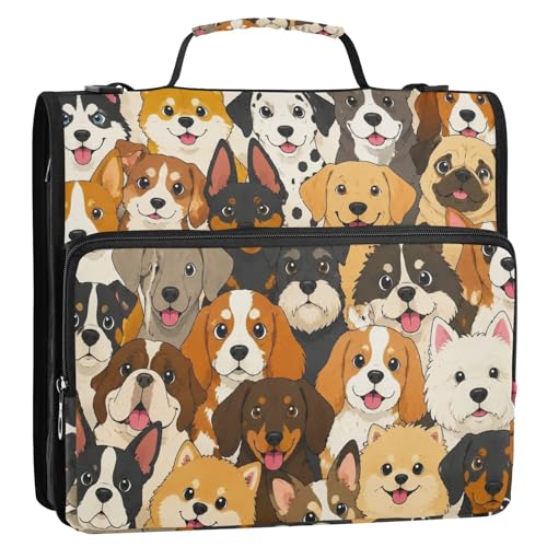 Zipper 3 Ring Binder Bag Dogs Expanding File Portfolio Storage Organizer 2-Inch, 500 Sheets Multi-Pocket Shoulder Strap for School Office Kids Adults - color: Navy Grey Dogs