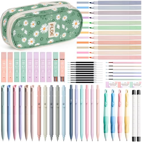 65PCS Aesthetic School Supplies Back to School Supplies Cute Stationary Set | College Essentials Kit with Pencil Case, Pastel Highlighters Gel Pens Mechanical Pencil Set 0.5 0.7 & 2.0mm for Student Girls - color: Green Daisy