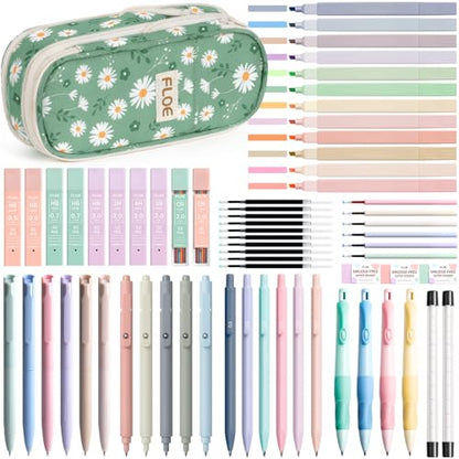 65PCS Aesthetic School Supplies Back to School Supplies Cute Stationary Set | College Essentials Kit with Pencil Case, Pastel Highlighters Gel Pens Mechanical Pencil Set 0.5 0.7 & 2.0mm for Student Girls - color: Green Daisy
