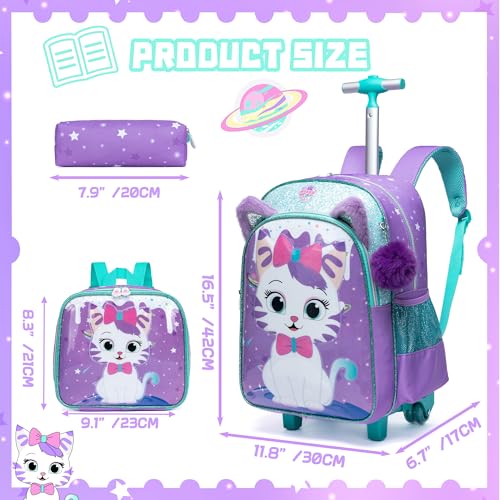 Rolling Backpack for Girls Cute Kids Rolling Backpack with Lunch Bag Kids Backpack with Wheels for School Backpacks for Elementary with Lunch Box Pencil Case Trolley Luggage - color: Purple Cream Cat