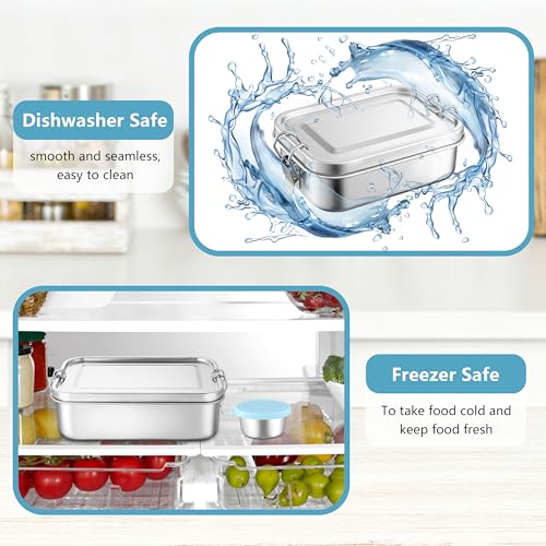 HaWare Large Stainless Steel Bento, Lunch Box, 47oz (1400ml) with Divider | 3 Compartment, Blue Condiment Container &Carrying Bag Included, Leak-Proof, Dishwasher Safe - color: Sky Blue, size: 47oz-(1400ml)