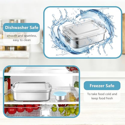 HaWare Large Stainless Steel Bento, Lunch Box, 47oz (1400ml) with Divider | 3 Compartment, Blue Condiment Container &Carrying Bag Included, Leak-Proof, Dishwasher Safe - color: Sky Blue, size: 47oz-(1400ml)