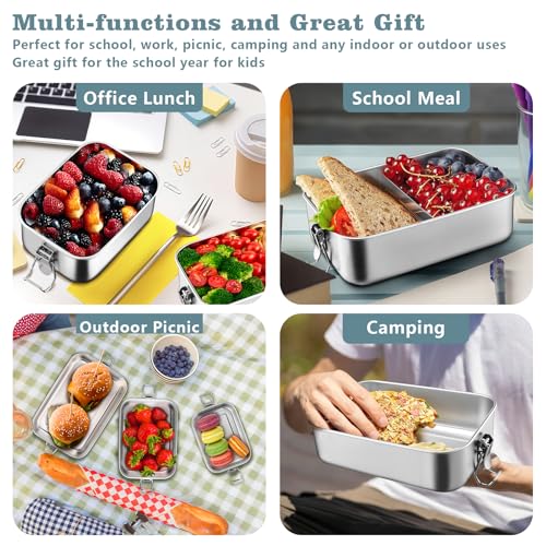 TeamFar Stainless Steel Bento Box, 3 Pack (16, 28 & 47oz) Metal Lunch Box with 3 Compartments for Adults Kids, Lunch Food Containers for School/Work/Meal Prep, Leak-Proof, 550ML+850ml+1400ML