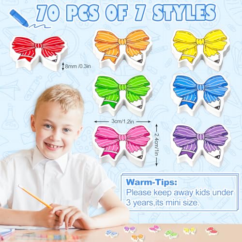 JarThenaAMCS 70 Pcs Back to School Mini Bulk Erasers Colorful Pencil Bow Shape Erasers for First Day of School Party Classroom Stationery Supplies Students Gifts Prizes Teacher Rewards - style: Colorful Pencil Bow