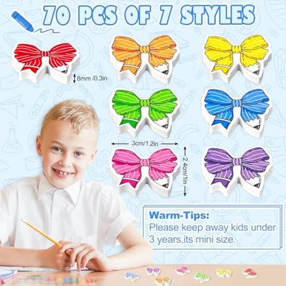 JarThenaAMCS 70 Pcs Back to School Mini Bulk Erasers Colorful Pencil Bow Shape Erasers for First Day of School Party Classroom Stationery Supplies Students Gifts Prizes Teacher Rewards - style: Colorful Pencil Bow