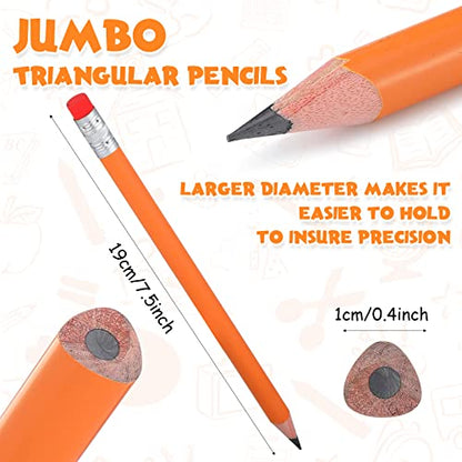 Fainne 48 Pcs Fat Pencils Jumbo Big Thick Large Pencils and 3 Pieces Sharpeners for Kids Beginners Preschoolers Kindergarten School Office Supplies(Orange+Silver,Triangle) - color: Orange+Silver, style: Triangle