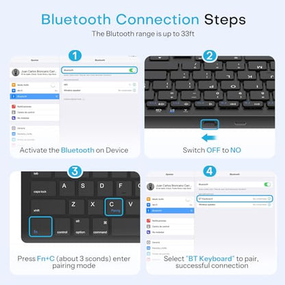 OMOTON Rechargeable Compact Bluetooth Keyboard for iPad, Adjustable Stand, Key Stickers, Slim Portable Wireless Keyboard for iPhone and iPad Pro/Air/Mini, Ideal for Study, Travel and Office, Black