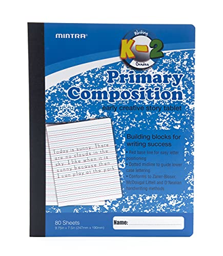 Mintra Primary Composition Notebook, 4 Pack, Blue Cover, 80 Sheets, 7.5in x 9.75in, Full Sheet, Ruled with Drawing Area, Flexible Hardcover Journal, Grades K-2, School & Home Use - color: Primary Ruled - Blue Only - Full Sheet, size: 4 Pack