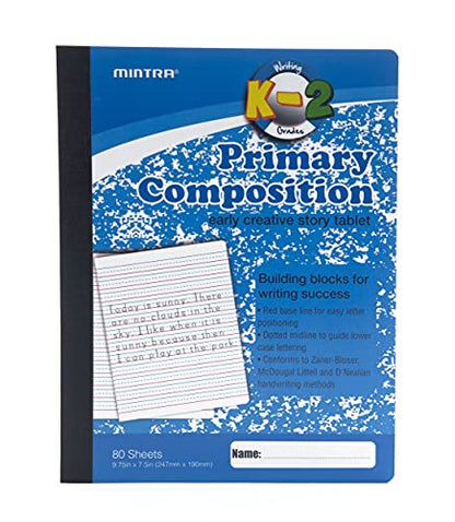 Mintra Primary Composition Notebook, 4 Pack, Blue Cover, 80 Sheets, 7.5in x 9.75in, Full Sheet, Ruled with Drawing Area, Flexible Hardcover Journal, Grades K-2, School & Home Use - color: Primary Ruled - Blue Only - Full Sheet, size: 4 Pack