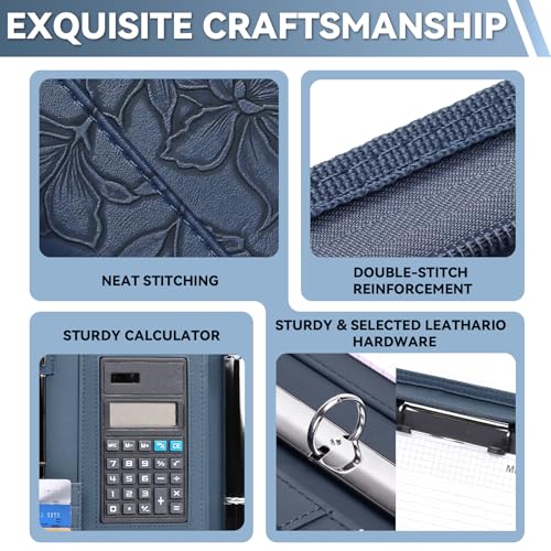 Leathario Portfolio Binder, Includes 5 Sheet Protectors and a Pen, 13 Inch Tablets Organizer, Vegan Leather A4 Padfolio, Multi-Pocket Notepad Business Planner Professional Document - color: Relief Blue