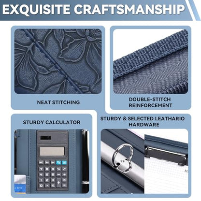 Leathario Portfolio Binder, Includes 5 Sheet Protectors and a Pen, 13 Inch Tablets Organizer, Vegan Leather A4 Padfolio, Multi-Pocket Notepad Business Planner Professional Document - color: Relief Blue