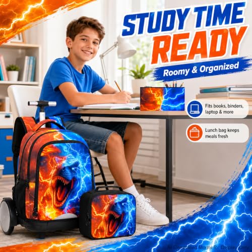 gxtvo Large Wheels & Quiet Glide | Rolling Backpack for Kids - Water-Resistant Wheeled Bag with Lunch Box for School, Travel & Outings - Fire & Lightning Dinosaur - color: Rolling Backpack Fire Lightning Dinosaur