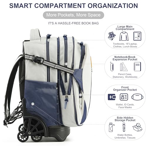 NEW TILAMI 18 Inch Expandable Rolling Backpack with 6-Wheel Stair Climbing, Waterproof Wheeled School Bag with 15.6" Laptop Sleeve for Boys Girls, Carry-on Luggage 98cm Dual-Height Handle - White - color: White