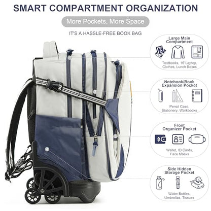 NEW TILAMI 18 Inch Expandable Rolling Backpack with 6-Wheel Stair Climbing, Waterproof Wheeled School Bag with 15.6" Laptop Sleeve for Boys Girls, Carry-on Luggage 98cm Dual-Height Handle - White - color: White