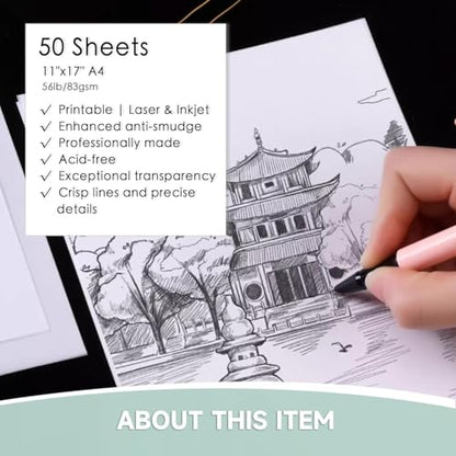Translucent Vellum Paper,11 x 17 inches Printable Vellums Tracing Paper,50 Sheets 56lbs/83gsmfor Tracing, Drawing, Sketching, Card Overlays, Invitations Belly Bands, Envelope, Lantern(LPVP-02) - color: LPVP-02 Matte Transparent