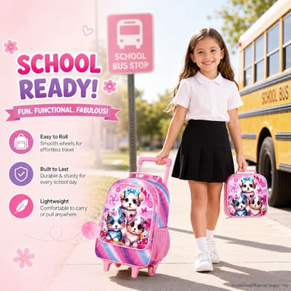 AGSDON 3PCS Rolling Backpack for Girls and Boys, Kids Roller Wheels Bookbag, Wheeled Elementary School Bag with Lunch Bag - color: Three Dog