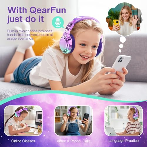 QearFun Kids Bluetooth Headphones, 60H Playtime, 74/85/94dB Safe Volume Limit, Metallic Gradient Wireless Headset with HD Mic, Fast Charging, Foldable, Wired 3.5mm Mode for School/Tablet/Travel - color: Purple